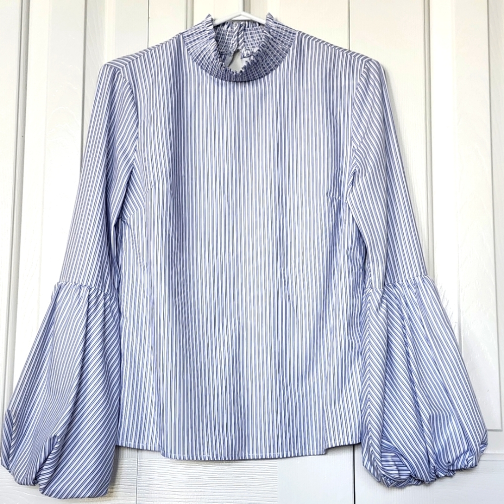 English Factory Bell Sleeves Blue White Stripe Pull-Over Top, Size S